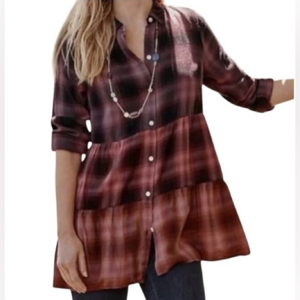 J. Jill Ombré Red & Orange Plaid Tiered Ruffle Tunic Babydoll Top Blouse XL